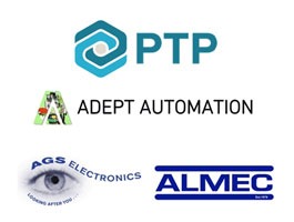 A collection of Logos: PTP, Adept Automation, AGS Electronics - Looking after you, ALMEC